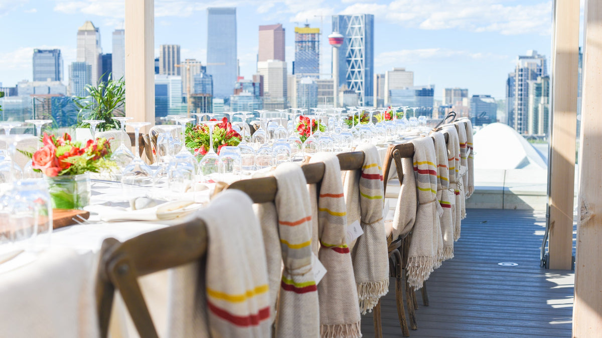Long banquet table set for a Calgary wedding reception