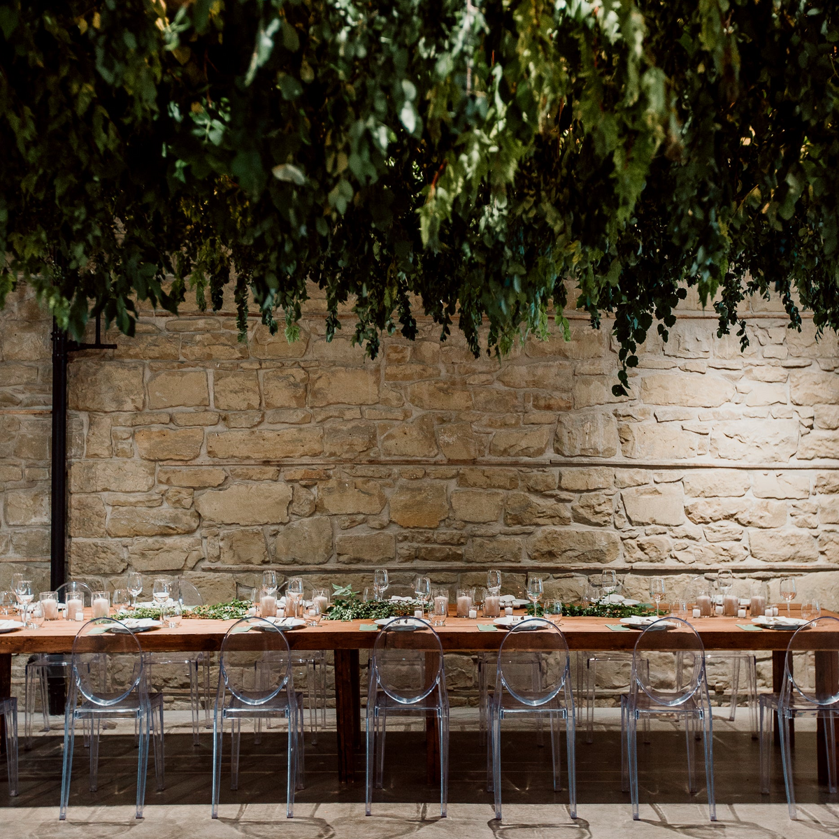 A long table set for dinner under hanging greenery